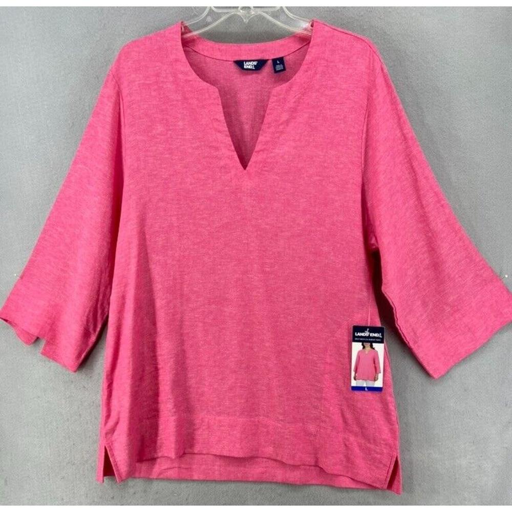 NWT Lands'‎ End Womans Sz L Linen Top 3/4 Sleeves Slits Notch Neck Pockets